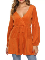 Velvet Long Sleeve Drawstring Blouse Trendsi