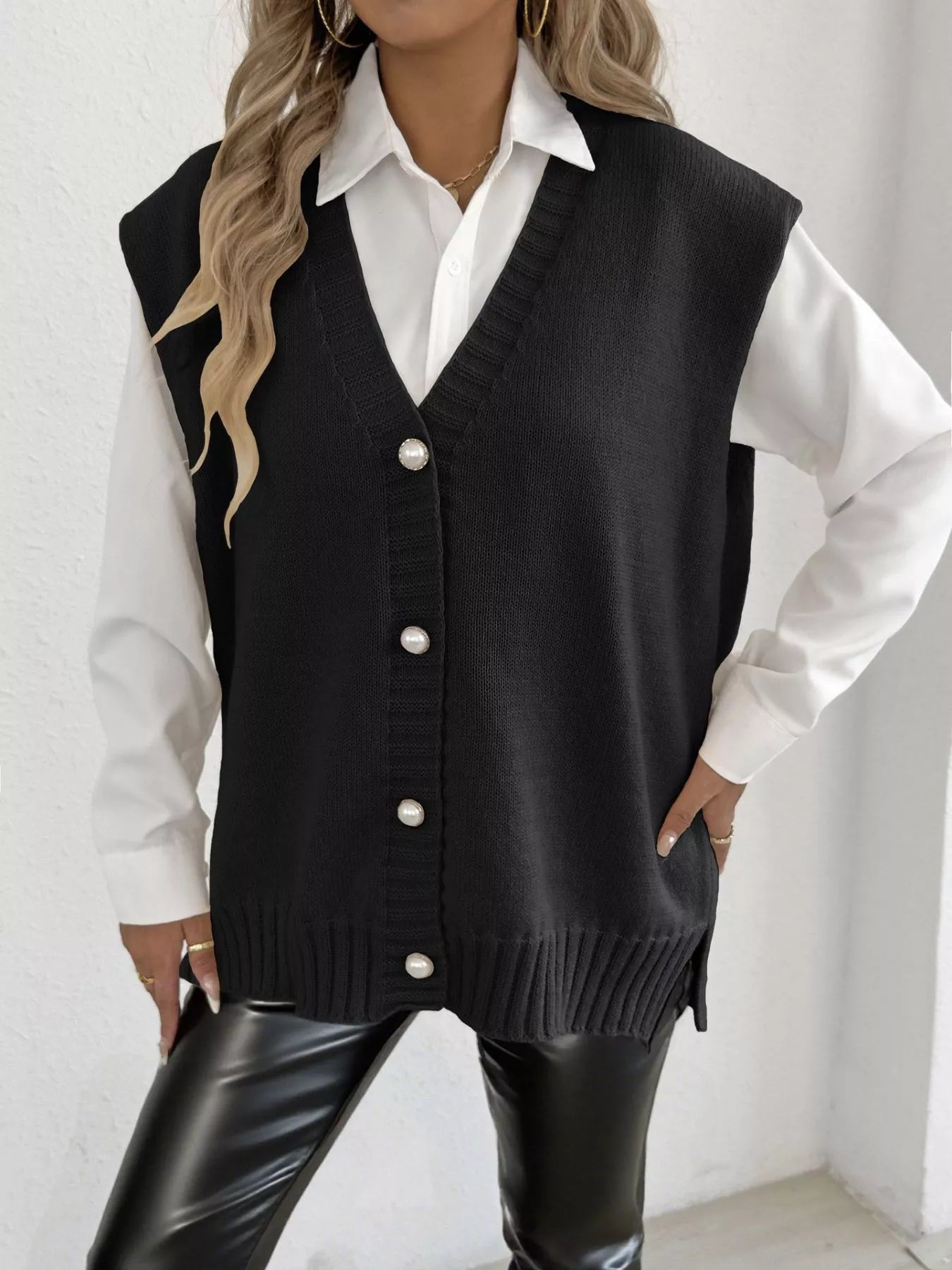 Button-Down Button Up Sweater Vest Trendsi