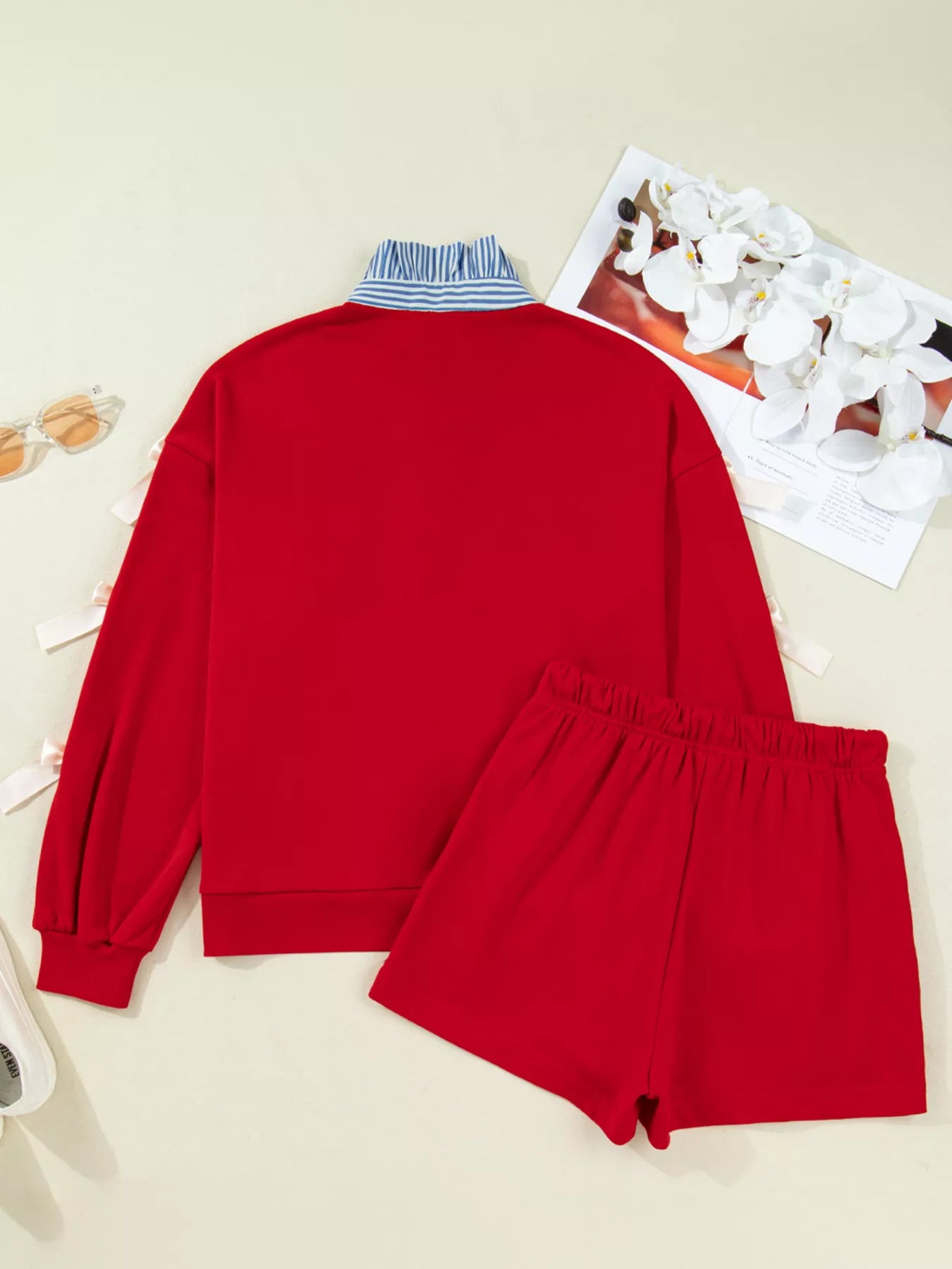 Striped Collar Patchwork Satin Bow Sweatshirt and Shorts Set OutfitFlow