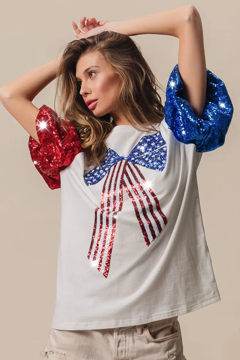BiBi Sequin American Flag Bow Top OutfitFlow