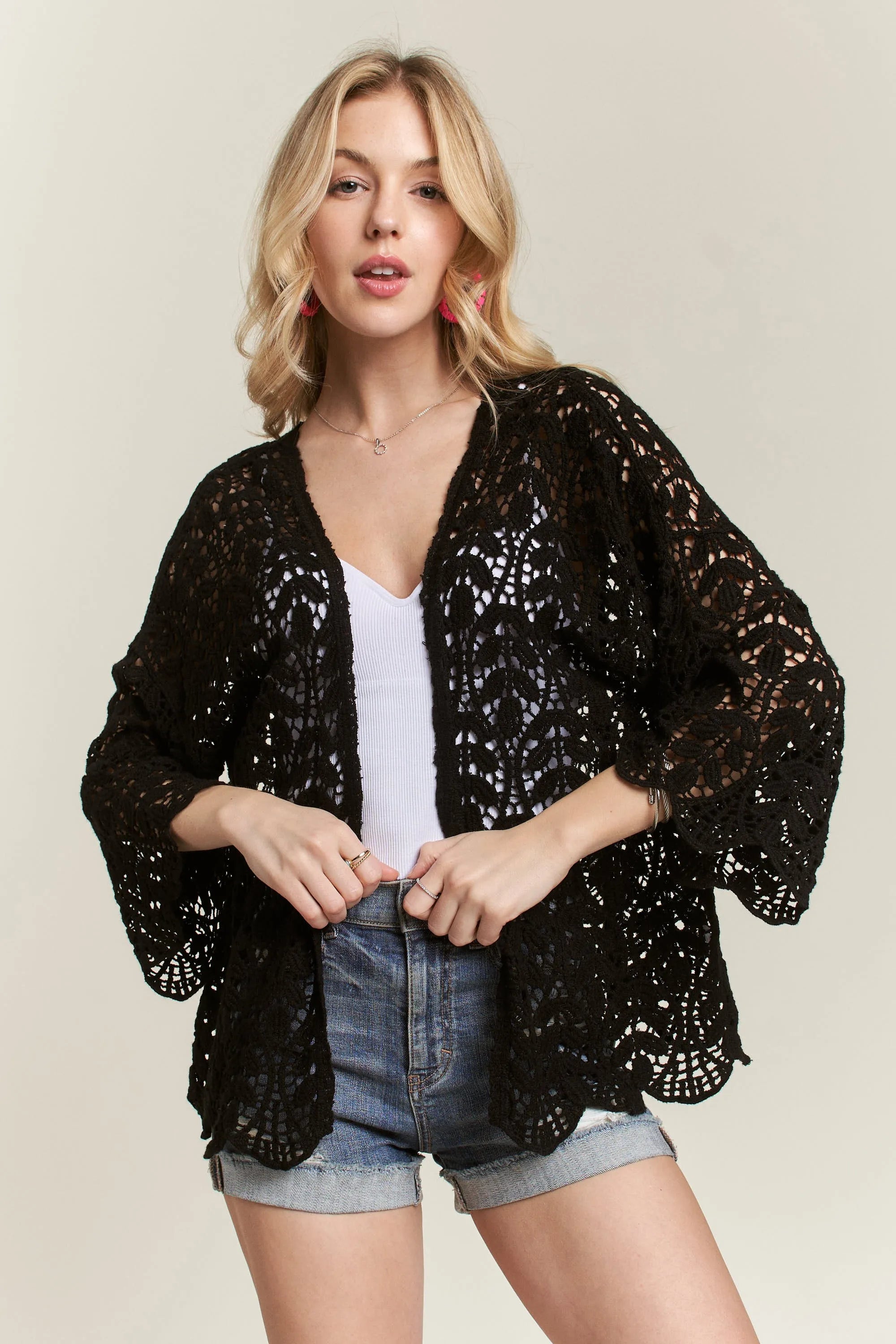 ADORA Leaf Pattern Crochet Cardigan OutfitFlow