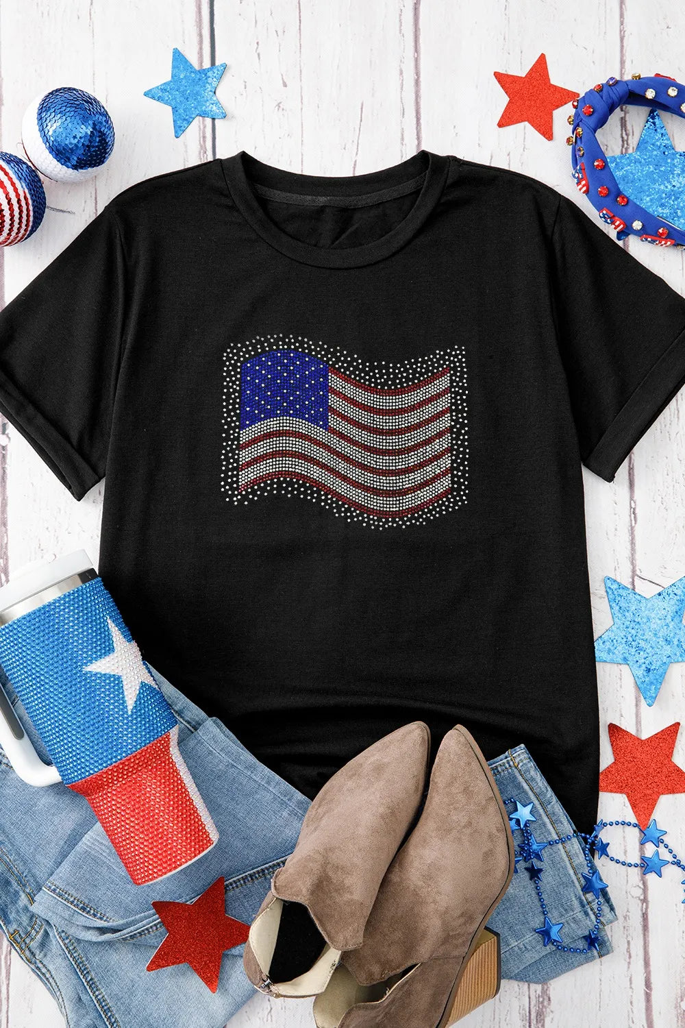 US Flag Round Neck Short Sleeve T-Shirt OutfitFlow