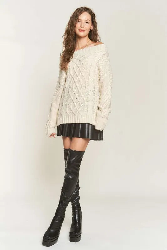 ADORA Cable Knit Off Shoulder Sweater OutfitFlow