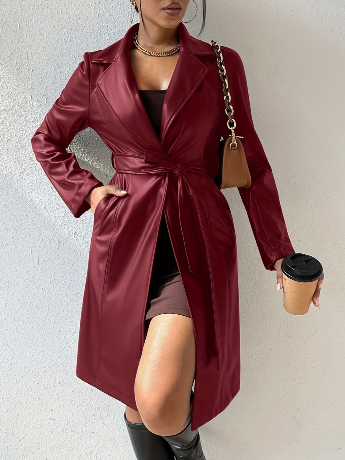 Outfit Flow - Tied PU Leather Long Sleeve Trench Coat