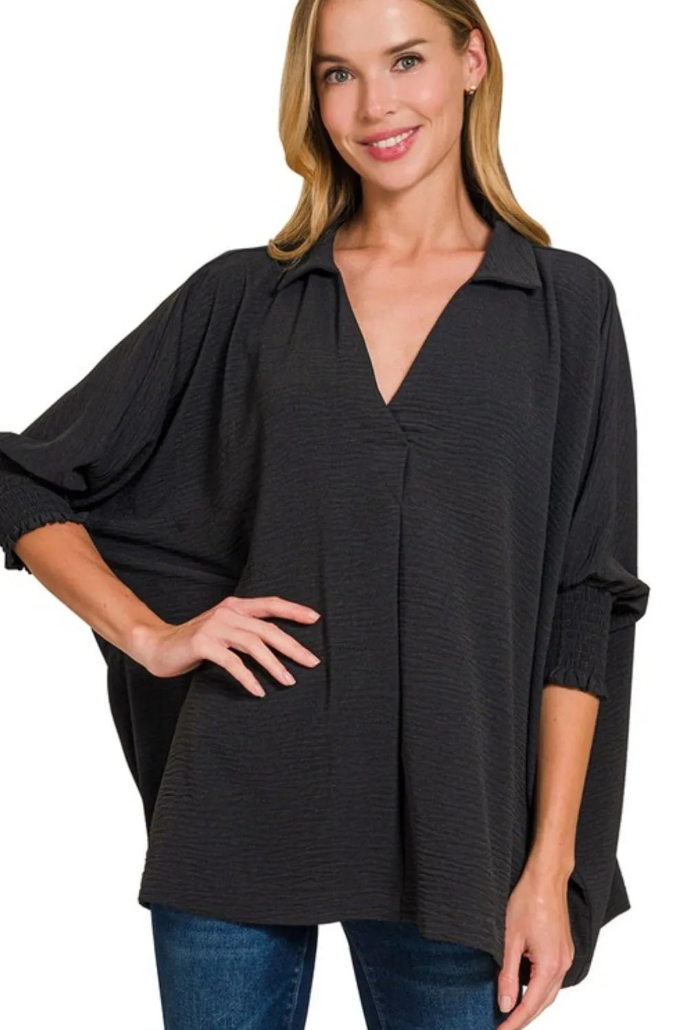Zenana Airflow Collar Tee with Smocked Sleeve Band Top BLACK OutfitFlow