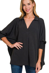 Zenana Airflow Collar Tee with Smocked Sleeve Band Top BLACK OutfitFlow