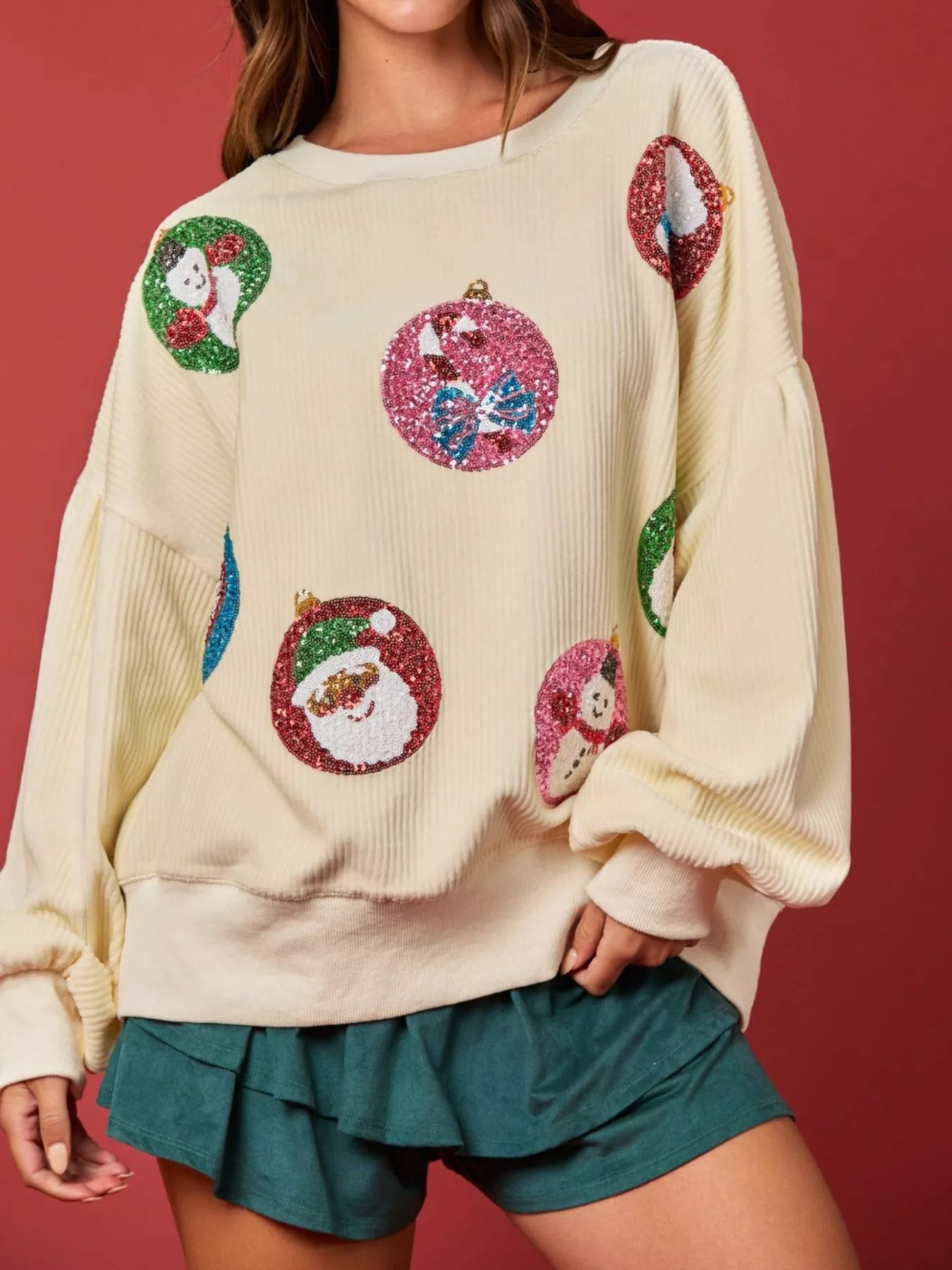 Christmas Sequin Embellished Sweatshirt Apricot OutfitFlow