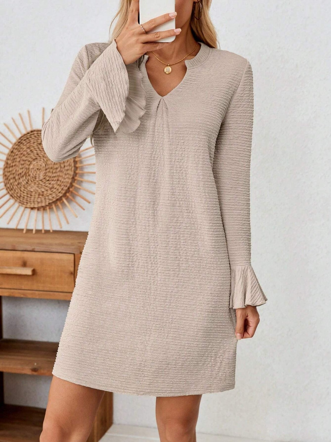 Notched Flare Sleeve Mini Dress OutfitFlow