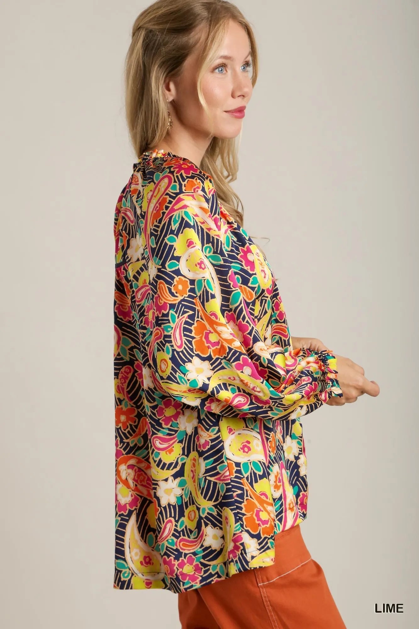 Umgee Full Size Satin Paisley Ruffle Neck Button-Up Shirt Plus Size Trendsi