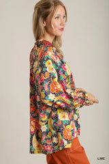 Umgee Full Size Satin Paisley Ruffle Neck Button-Up Shirt Plus Size Trendsi