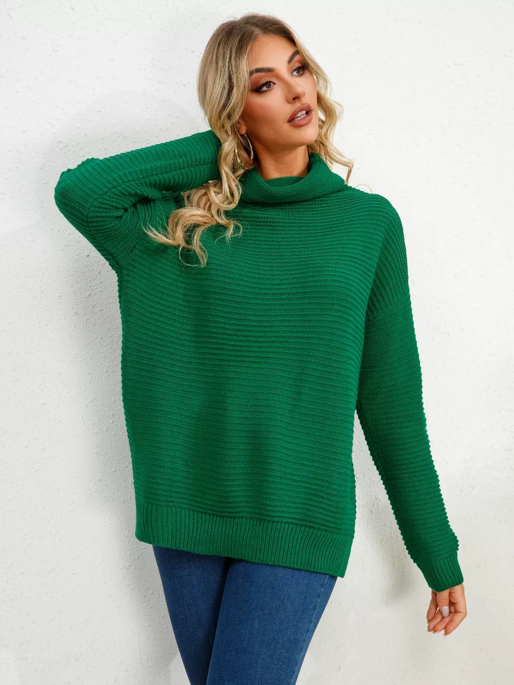 Slit Turtleneck Dropped Shoulder Sweater Trendsi