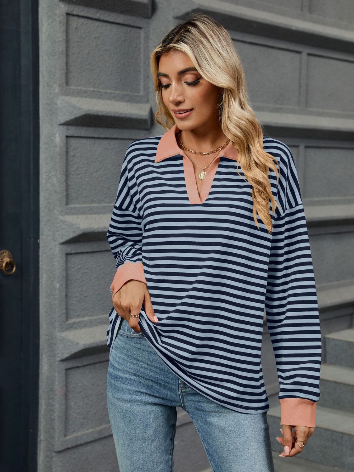 Outfit Flow - Striped Johnny Collar Long Sleeve Sweatshirt