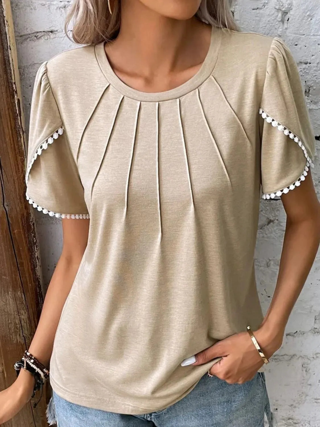 Full Size Round Neck Petal Sleeve Blouse Plus Size Tan OutfitFlow