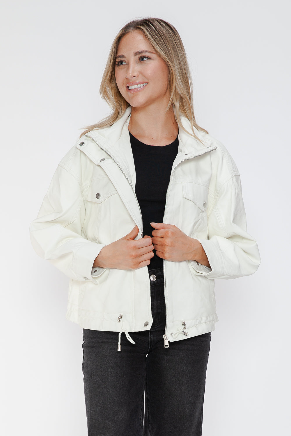 Outfit Flow - How Dare U Drawstring Hem PU Leather Zip Up Jacket