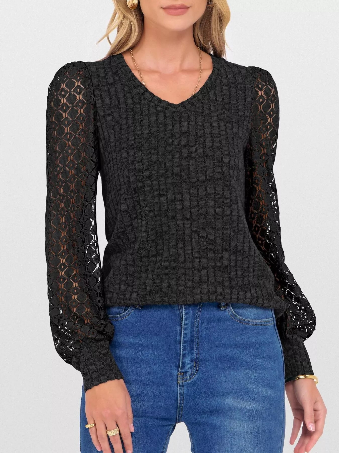 Lace Sleeve V-Neck T-Shirt Black OutfitFlow