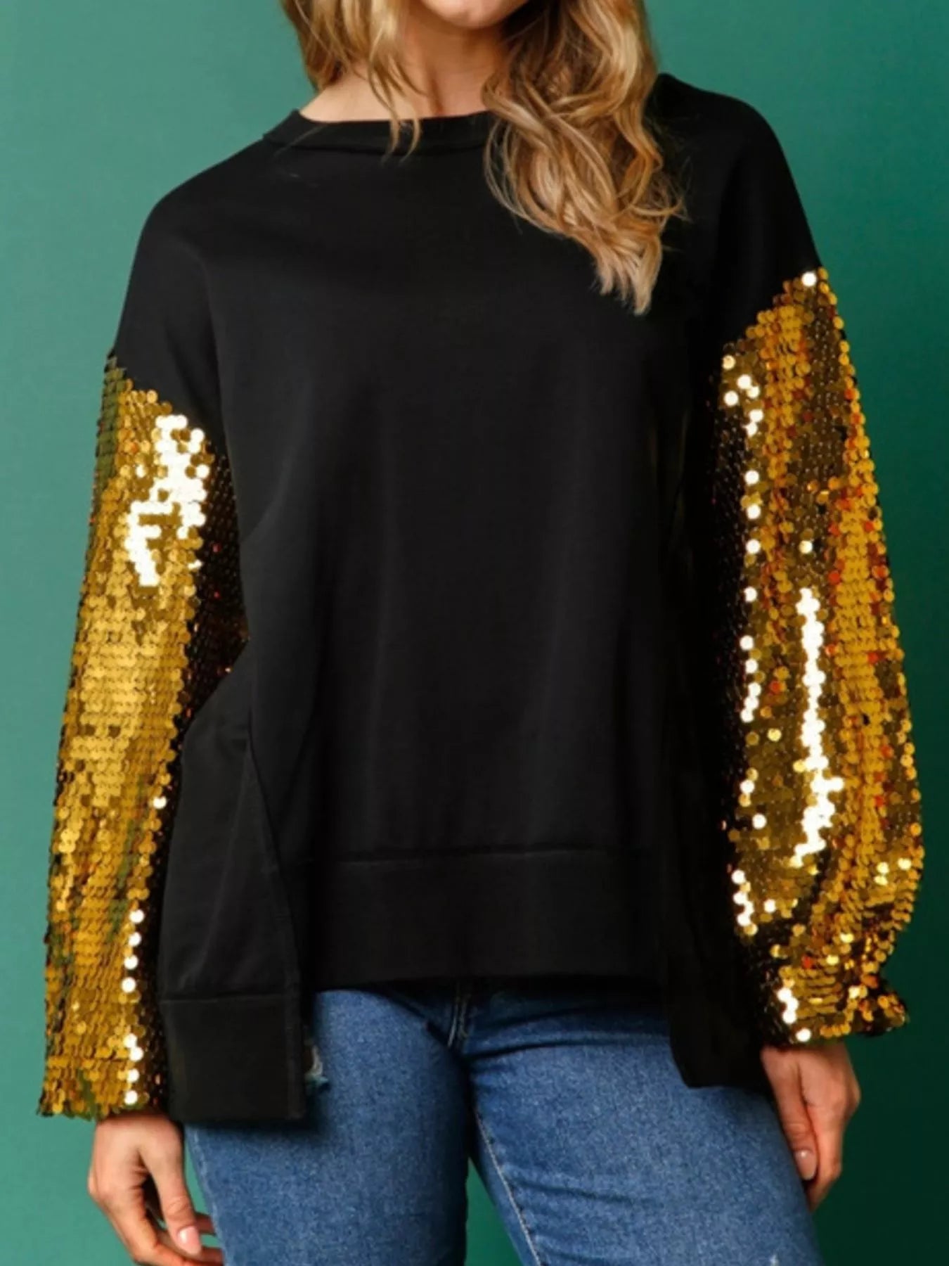 Sequin Long Sleeve Round Neck Sweatshirt Gold OutfitFlow