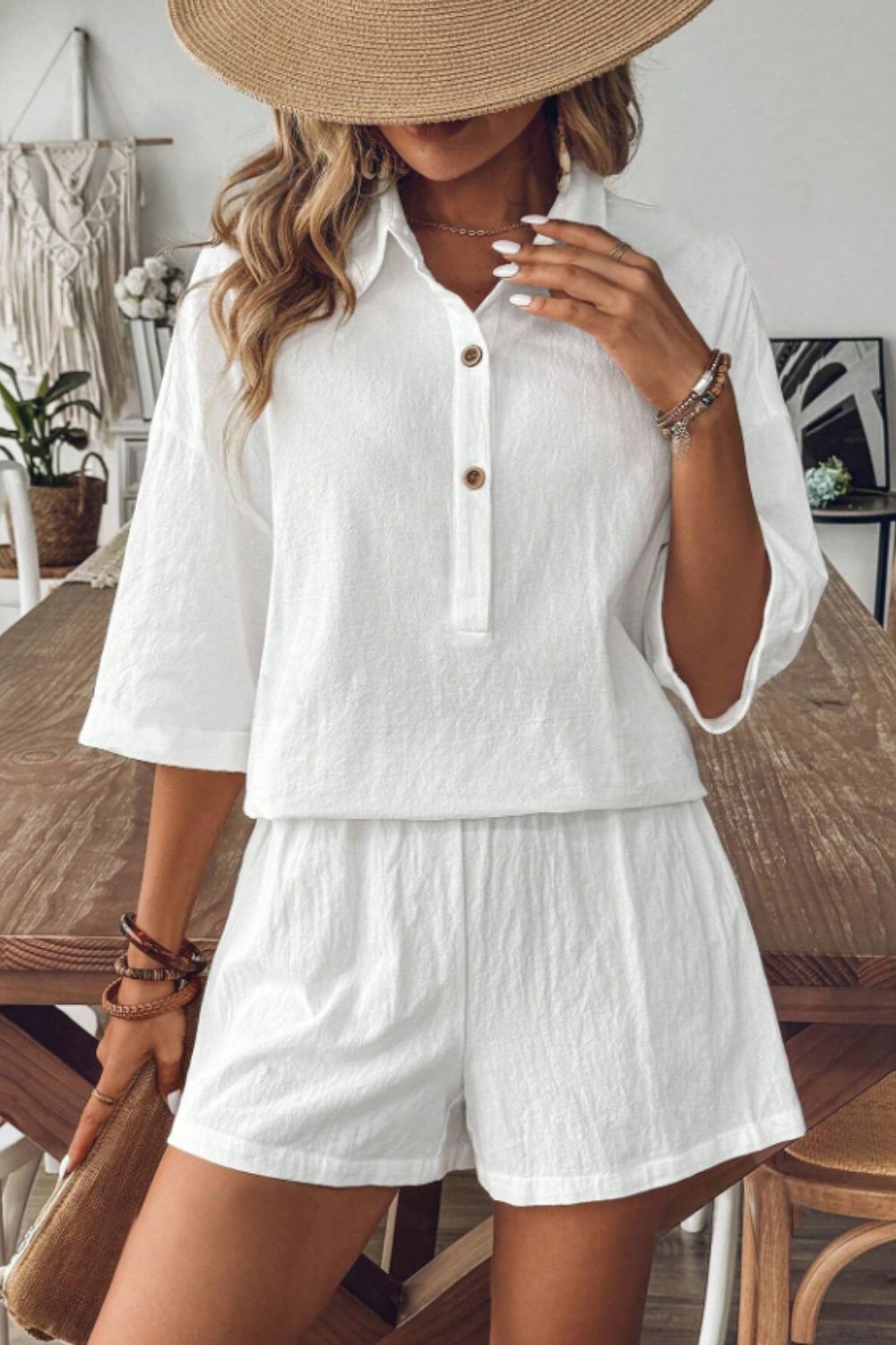 Outfit Flow - Collared Neck Half Sleeve Top and Shorts Set