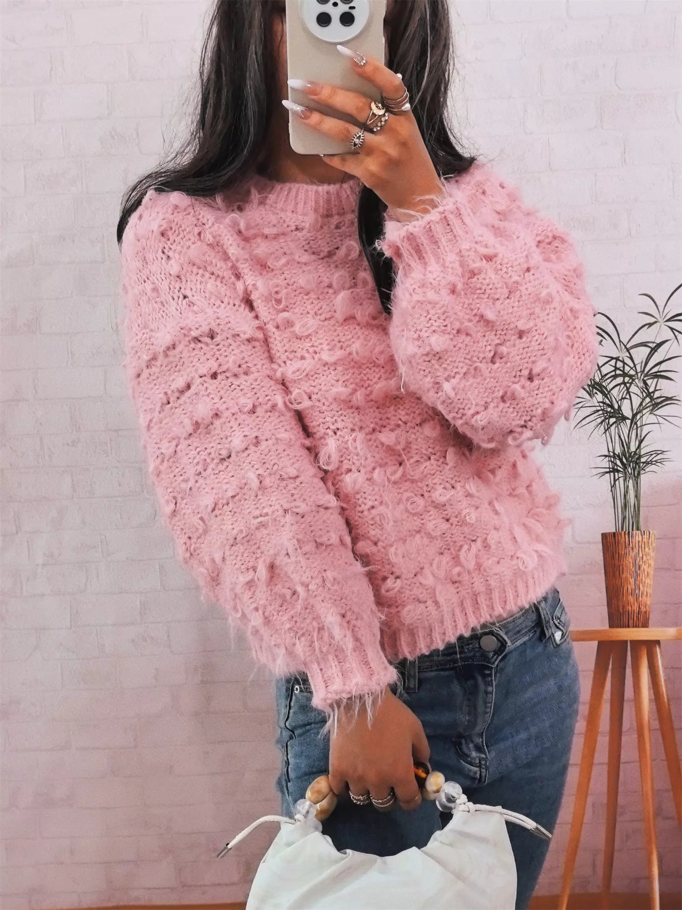 Chunky Round Neck Long Sleeve Sweater OutfitFlow