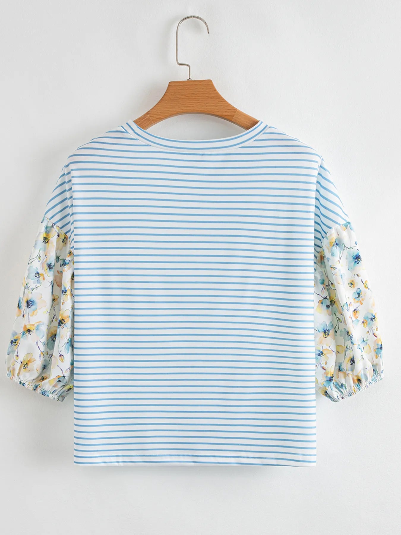 Striped Floral Sleeve Casual Blouse OutfitFlow