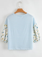 Striped Floral Sleeve Casual Blouse OutfitFlow