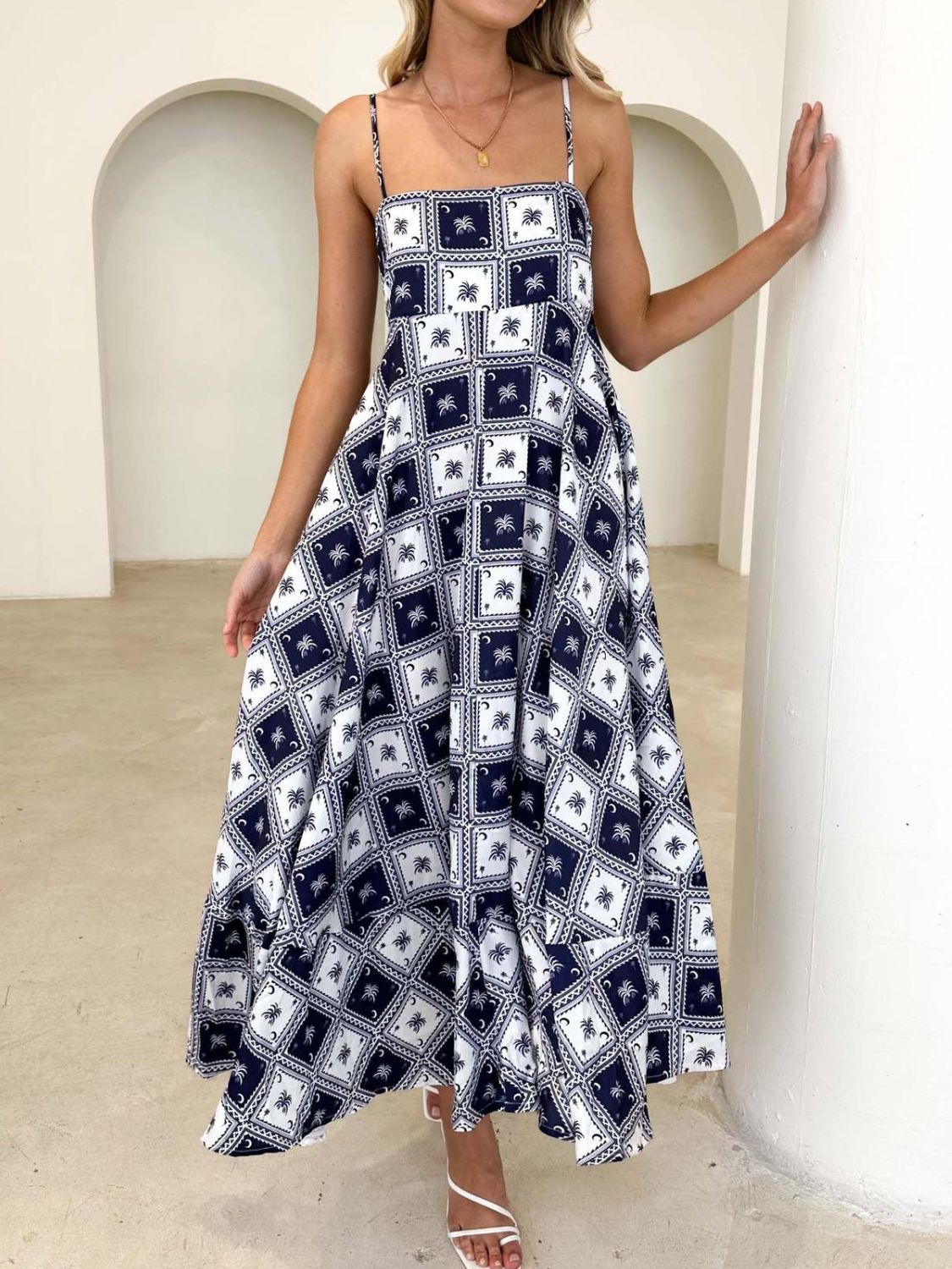 Printed Square Neck Midi Cami Dress OutfitFlow