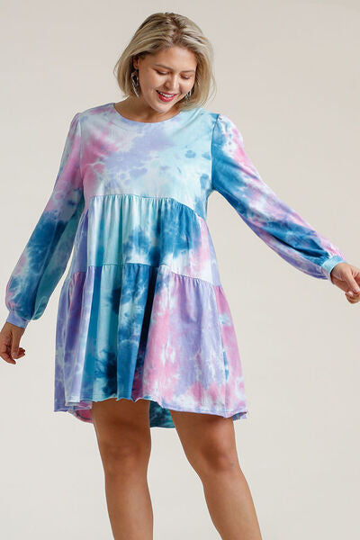 Umgee Full Size Tie Dye Round Neck Long Sleeve Babydoll Tiered Dress Plus Size OutfitFlow