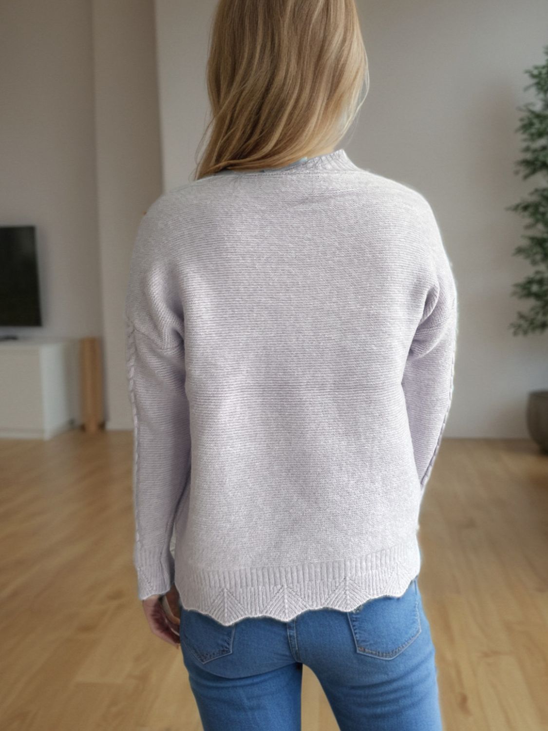 Outfit Flow - Cable-Knit Mock Neck Dropped Shoulder Sweater