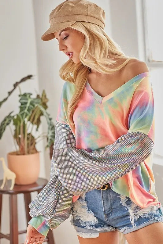 BiBi V Neck Tie Dye French Terry Top with Shiny Trendsi