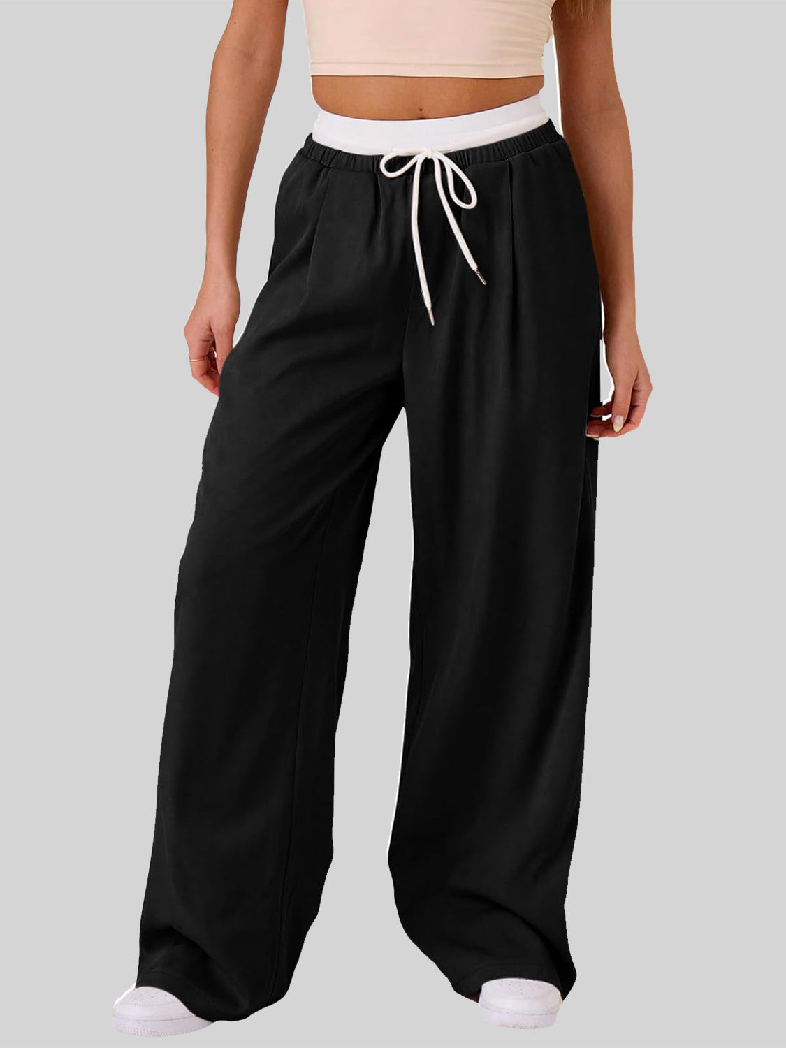 Outfit Flow - Contrast Waistband Drawstring Wide Leg Pants