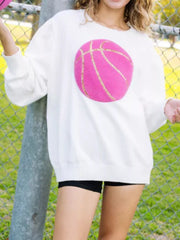 Basketball Round Neck Long Sleeve Sweatshirt White OutfitFlow