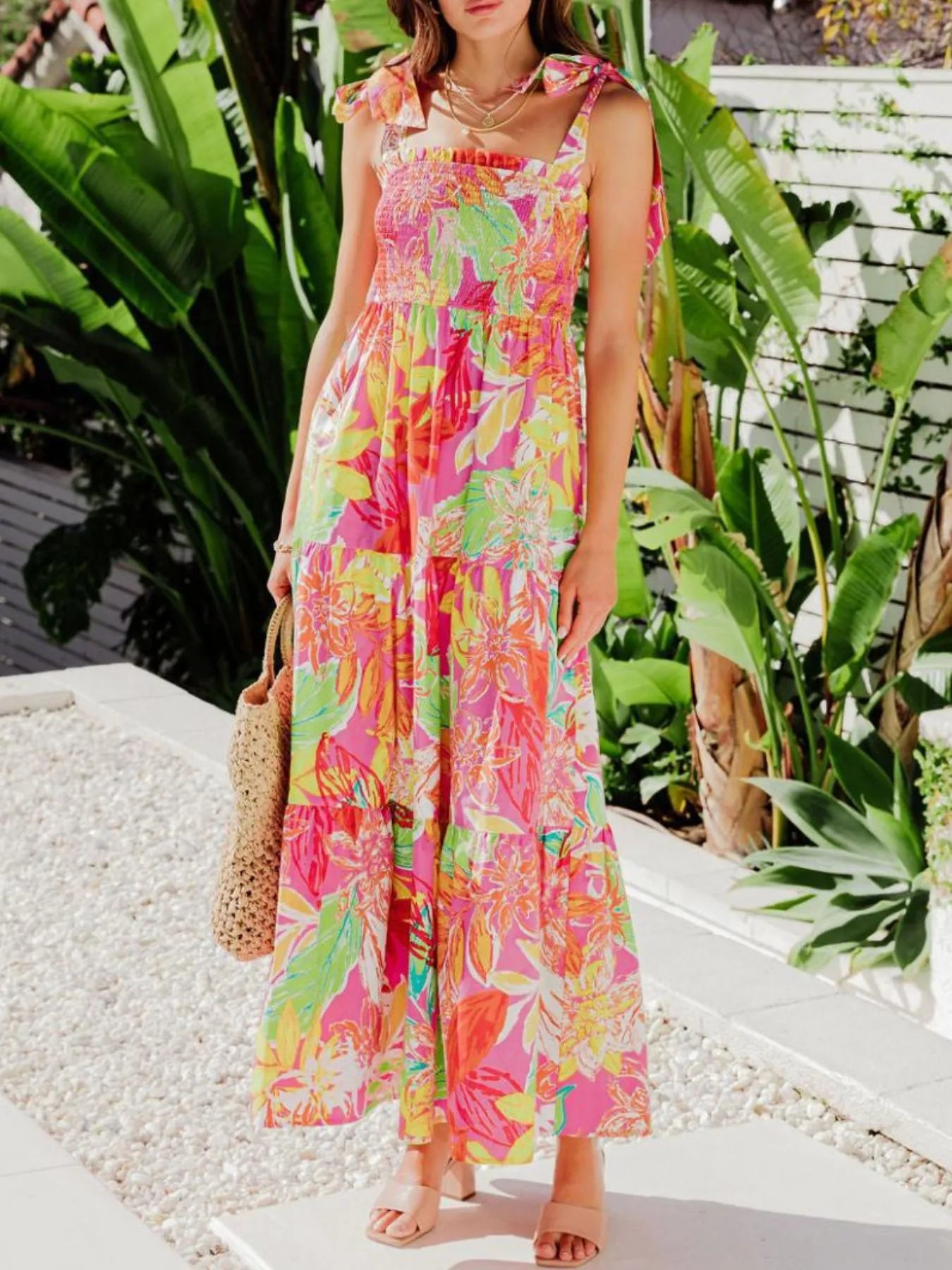 Tropical Print Tie Shoulder Maxi Dress OutfitFlow