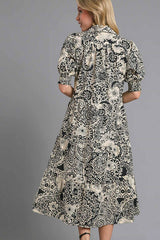 Umgee Full Size Printed Smocked Cuff Puff Sleeve Midi Dress Plus Size OutfitFlow