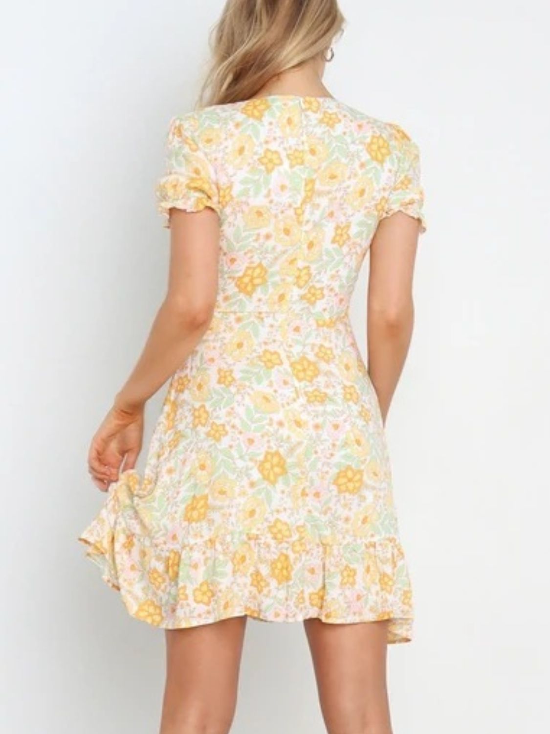 Ruffled Hem Printed Short Sleeve Mini Dress OutfitFlow