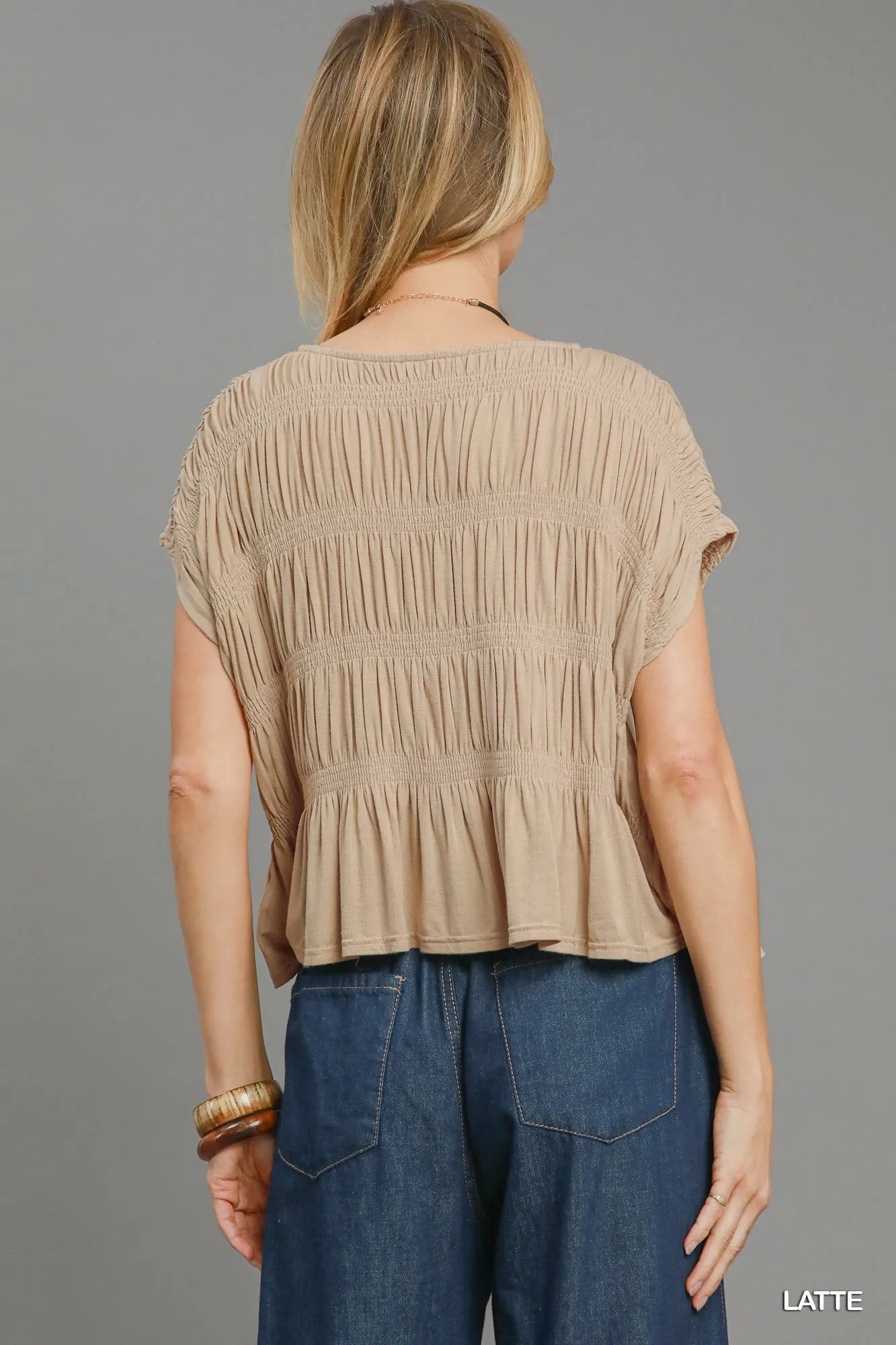 Umgee Short Sleeve Knit Smocked Top Trendsi