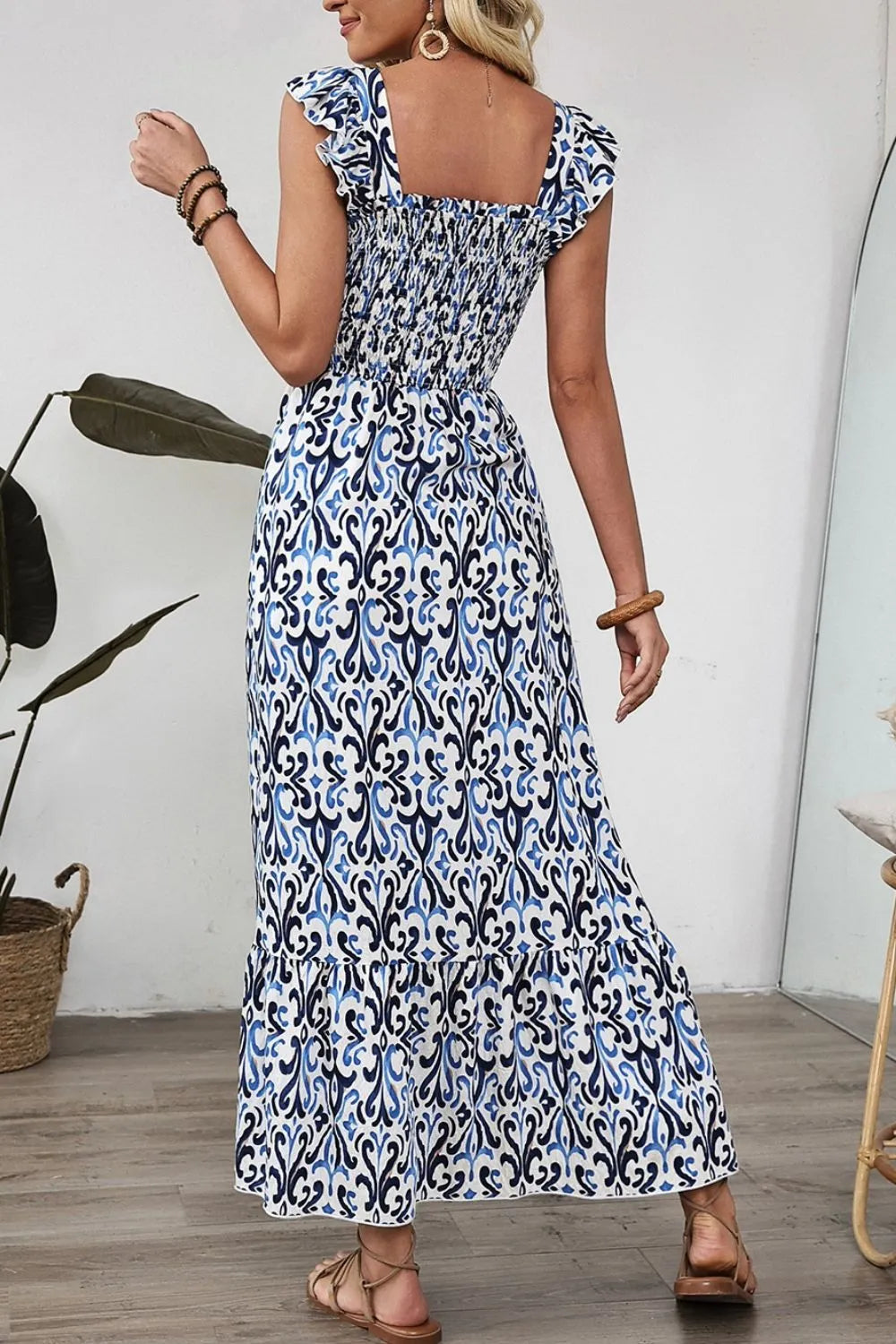 Smocked Printed Square Neck Dress OutfitFlow