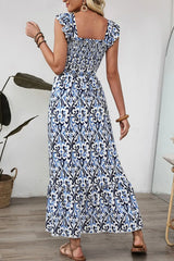Smocked Printed Square Neck Dress OutfitFlow