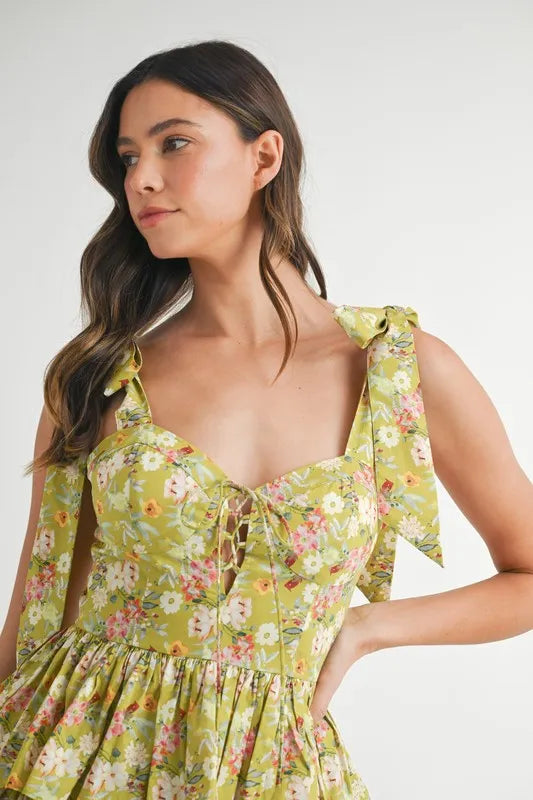 MABLE Floral Print Shoulder Tie Layered Mini Dress OutfitFlow