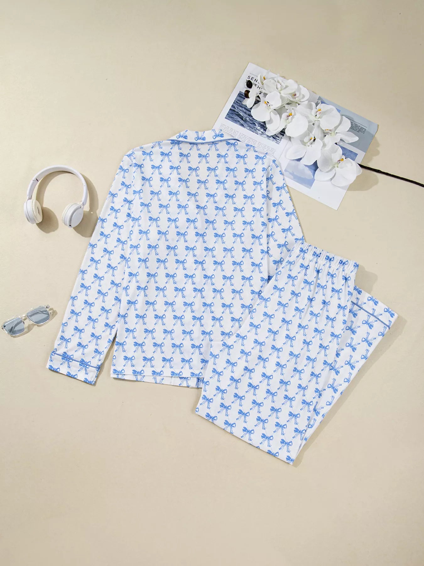 Bow Print Long Sleeve Shirt and Pants Pajama Set OutfitFlow