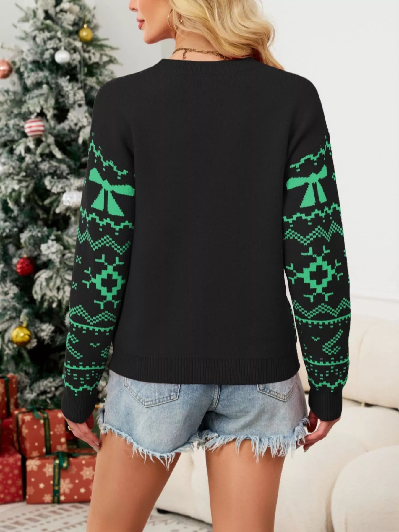 Christmas Bow Round Neck Sweater OutfitFlow