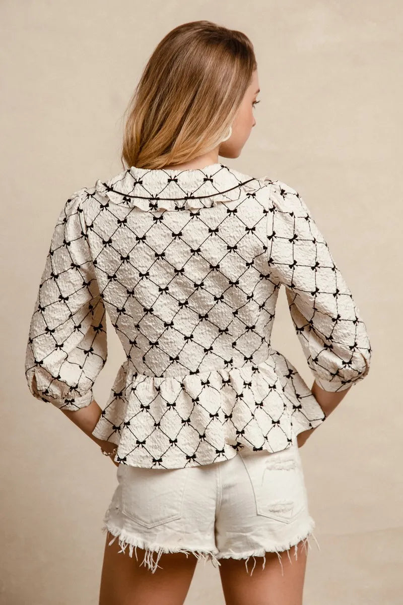 BiBi Bow Prints-patterns Ruffle Collar Details Peplum Top OutfitFlow