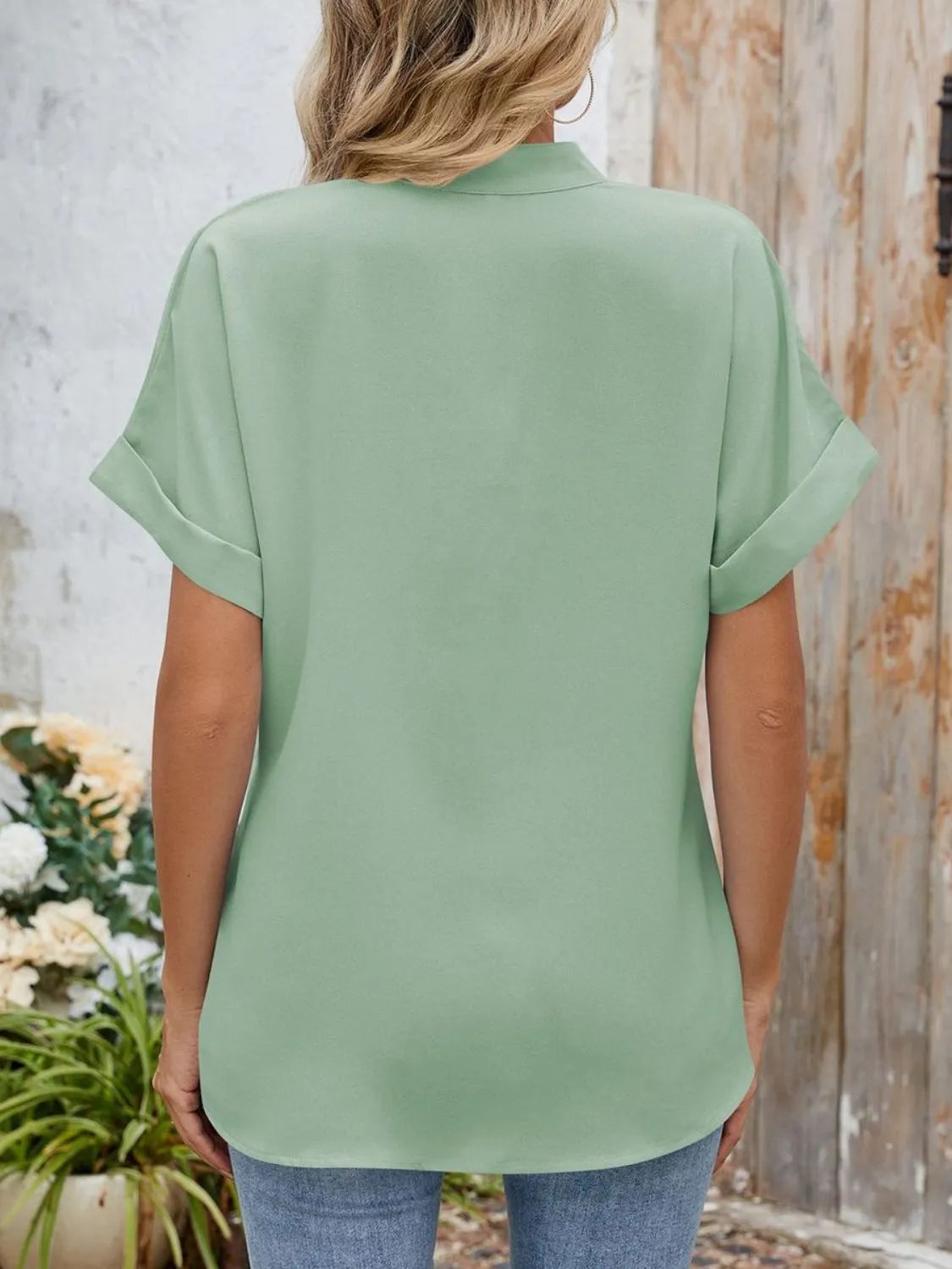 Notched Short Sleeve Blouse OutfitFlow
