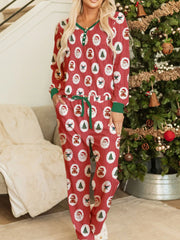 Stripe Christmas Print Henley V Neck Pullover and Pants Lounge Set Strawberry OutfitFlow