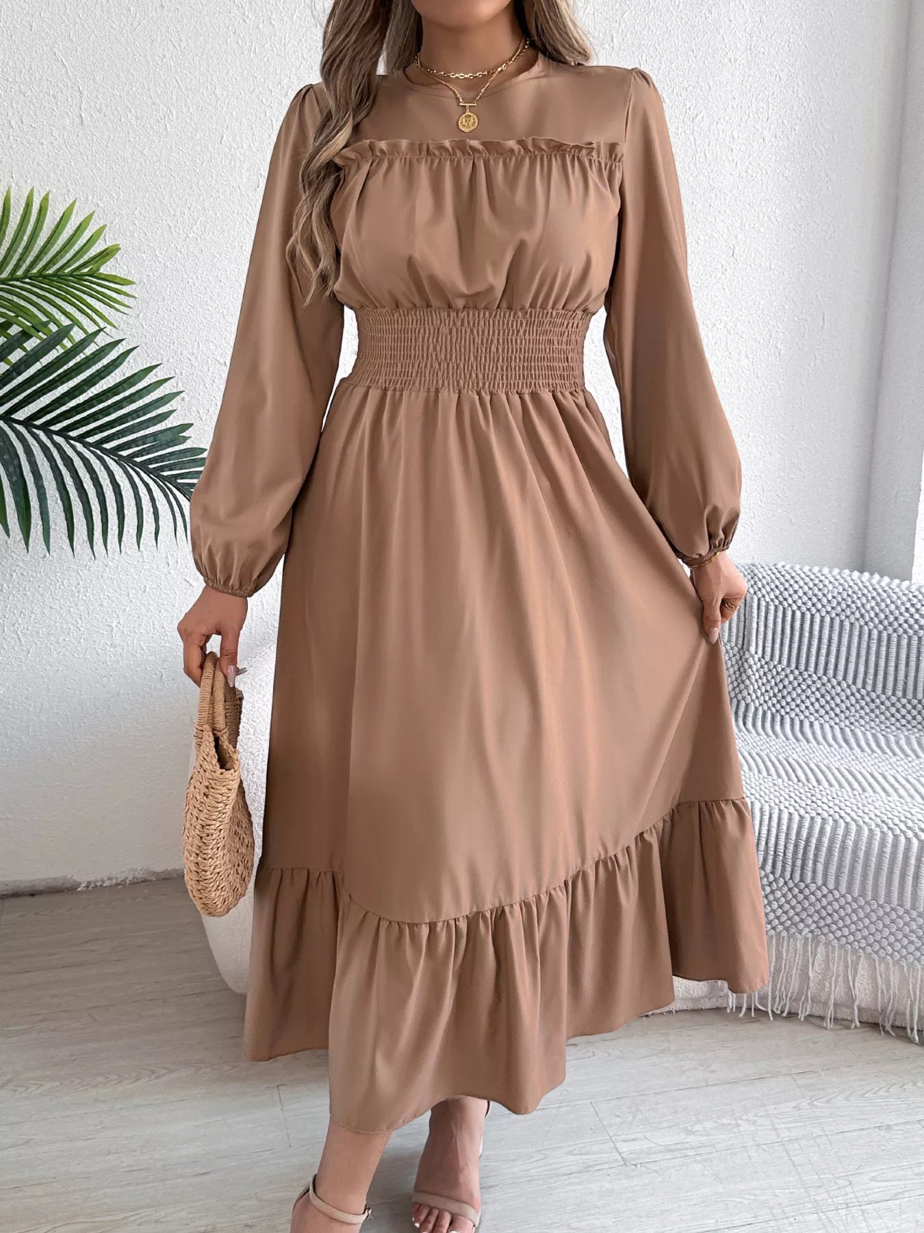 Round Neck Balloon Sleeve Tiered Dress Khaki OutfitFlow