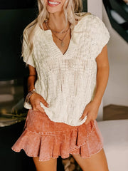 Notched Short Sleeve Sweater Apricot OutfitFlow