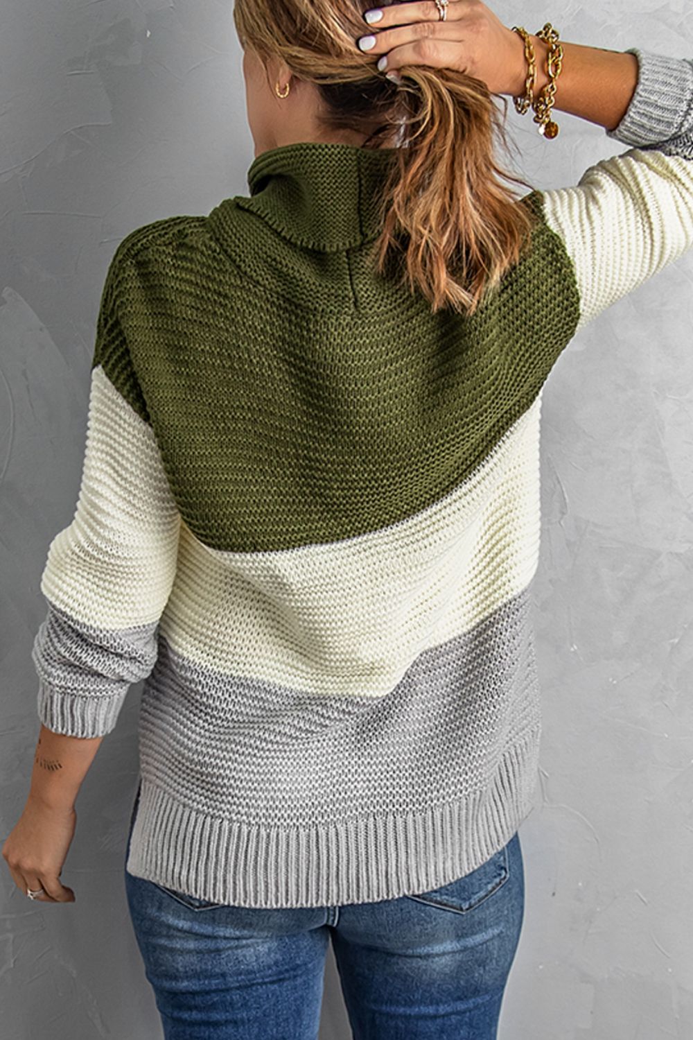 Color Block Turtleneck Long Sleeve Sweater