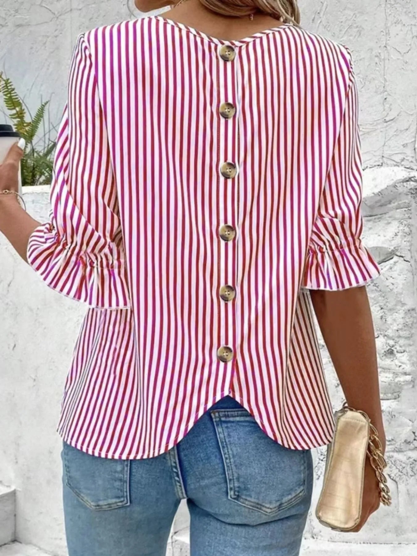 Striped Round Neck Half Sleeve Casual Blouse OutfitFlow