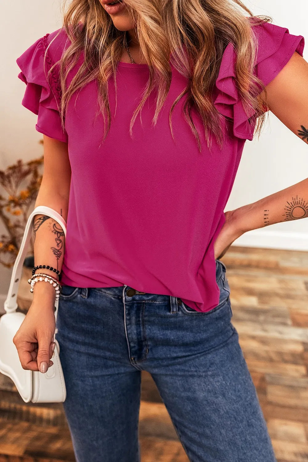 Short Ruffle Sleeve Round Neck Blouse OutfitFlow