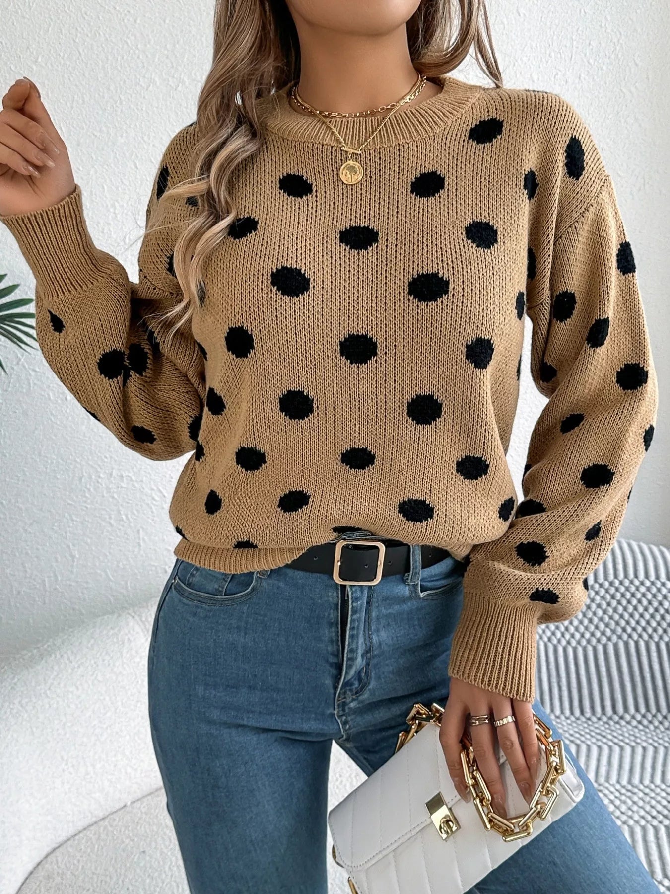 Polka Dot Round Neck Sweater OutfitFlow