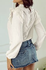 Frill Mock Neck Ruffled Balloon Sleeve Blouse OutfitFlow