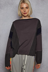 POL Contrast Round Neck Long Sleeve T-Shirt OutfitFlow